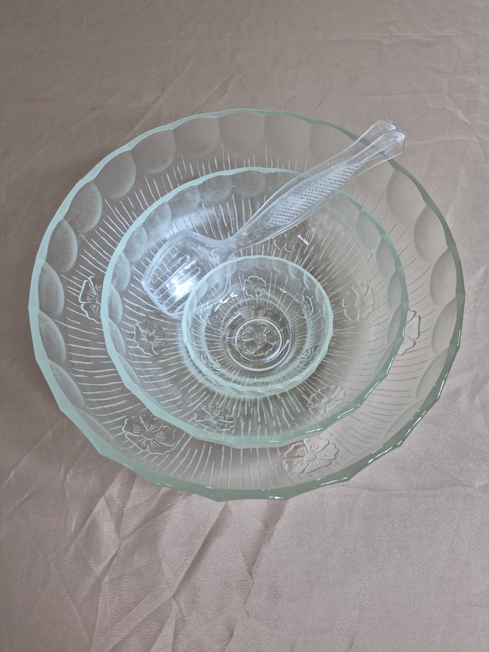 Vintage Italian Clear Glass Salad Set & Chip Dip Bowls w/ Serving Utensils